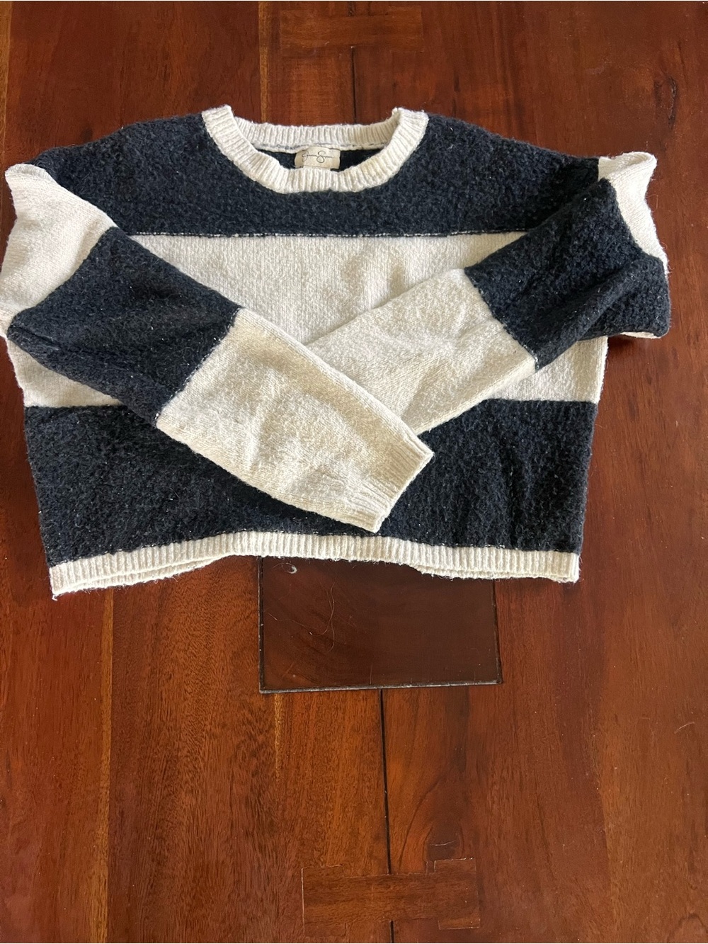 Striped Cropped Crewneck Sweater - Dark Navy/Blavk & Cream - Size Medium